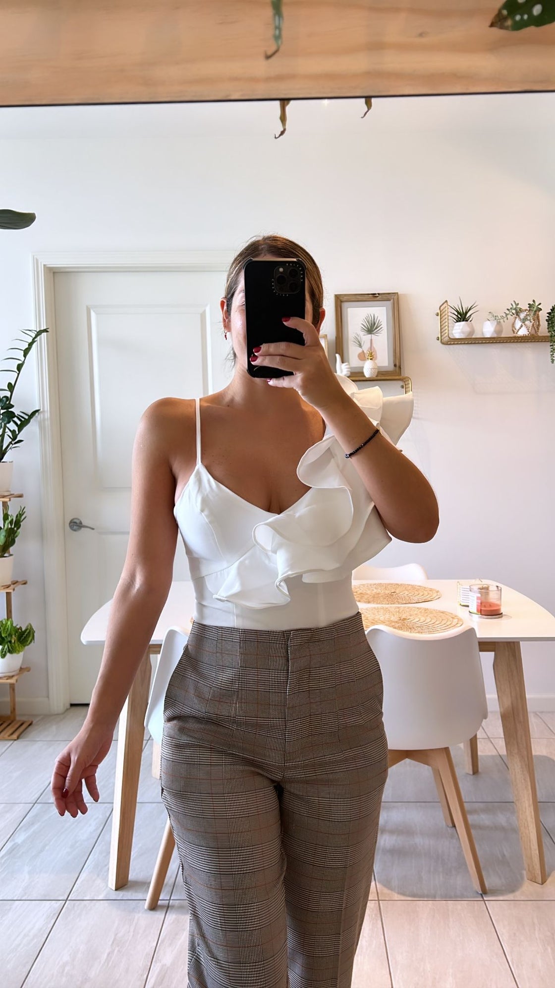 asymmetrical bodysuit with ruffles