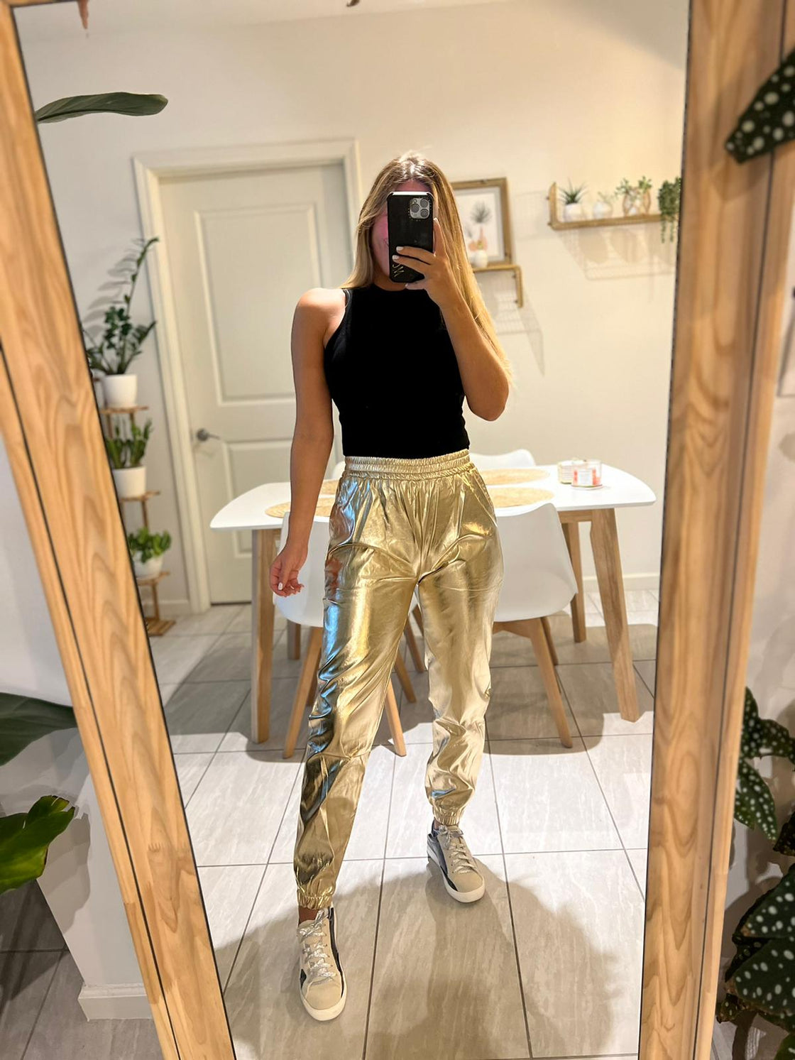 metallic pants with elastic on the boot and waist