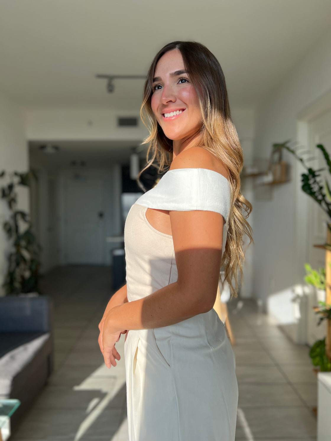 Top beige tray neck blouse