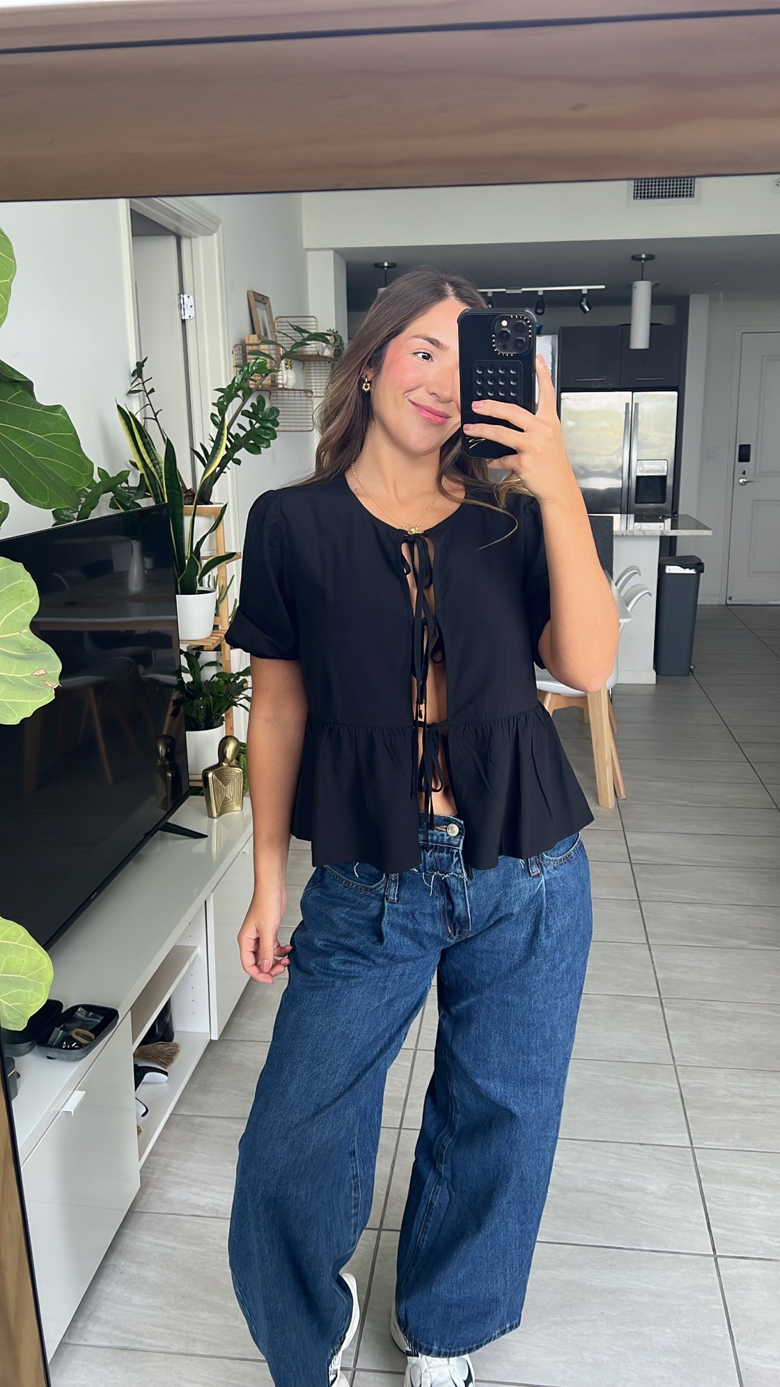 Blouse with ribbons and bows in front Top