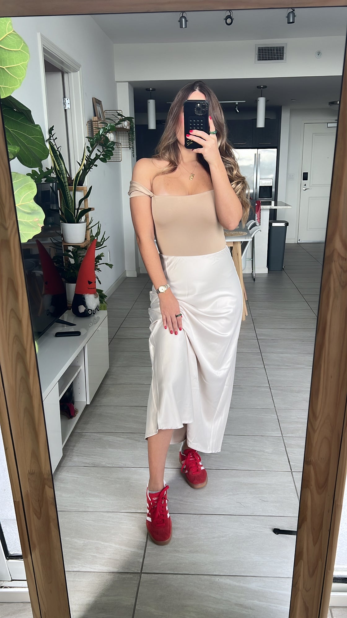 Long satin skirt in olive green and nude colors