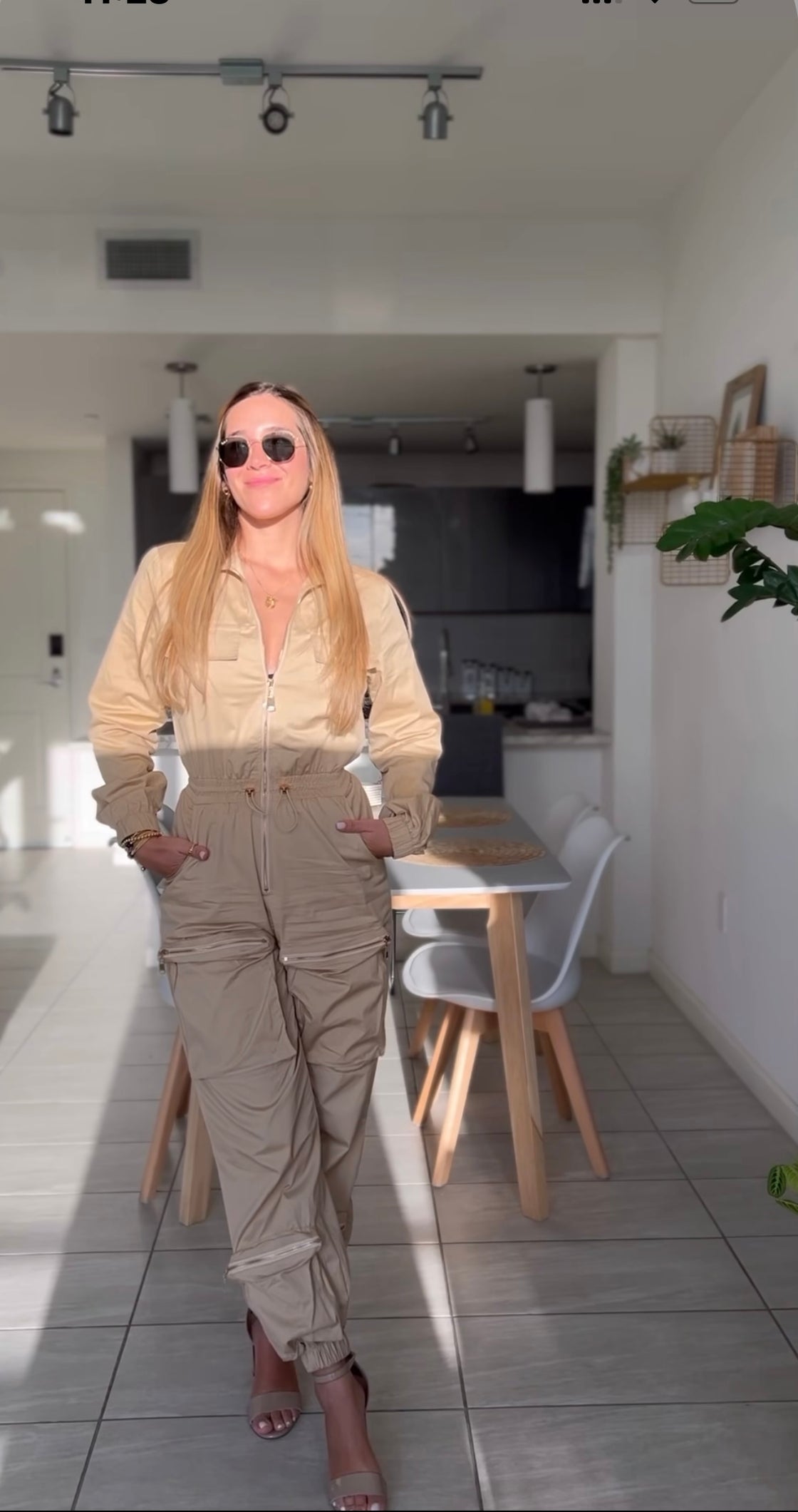 beige jumpsuit