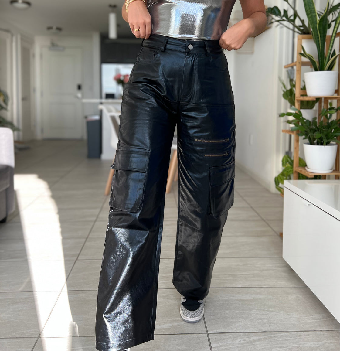 shiny black jean