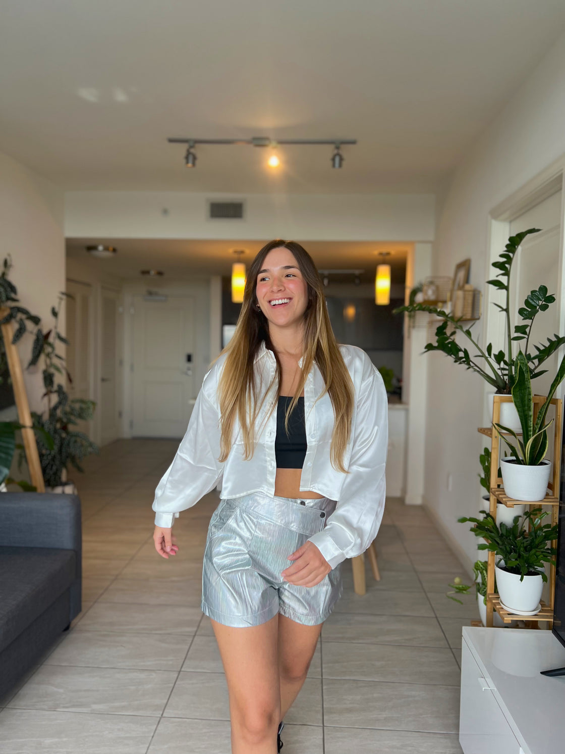 silver metallic shorts