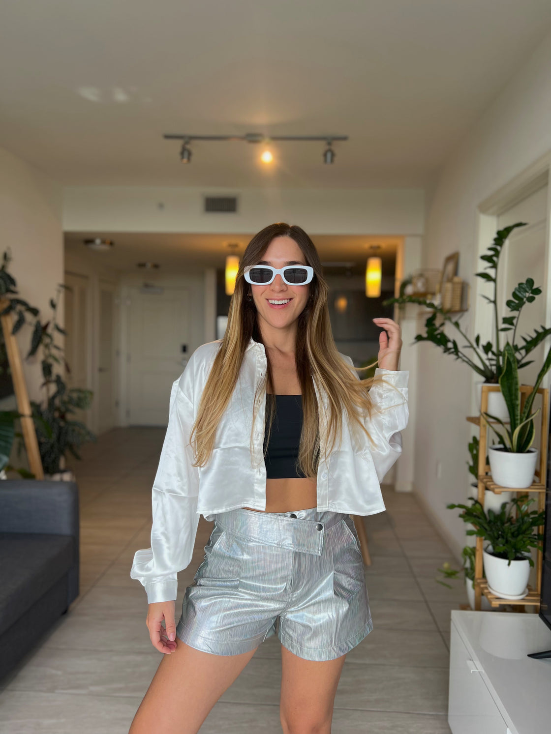silver metallic shorts