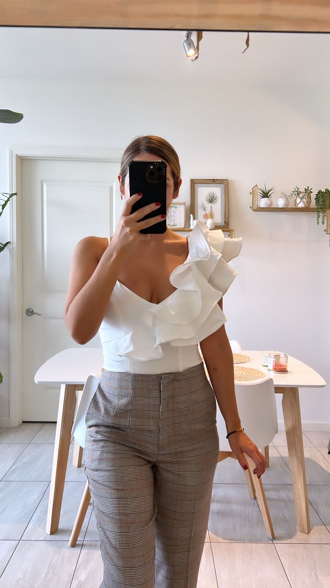 asymmetrical bodysuit with ruffles