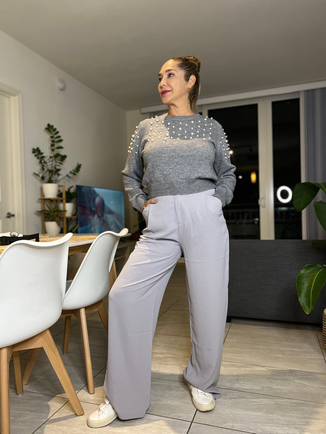 Sweater with embroidered pearls