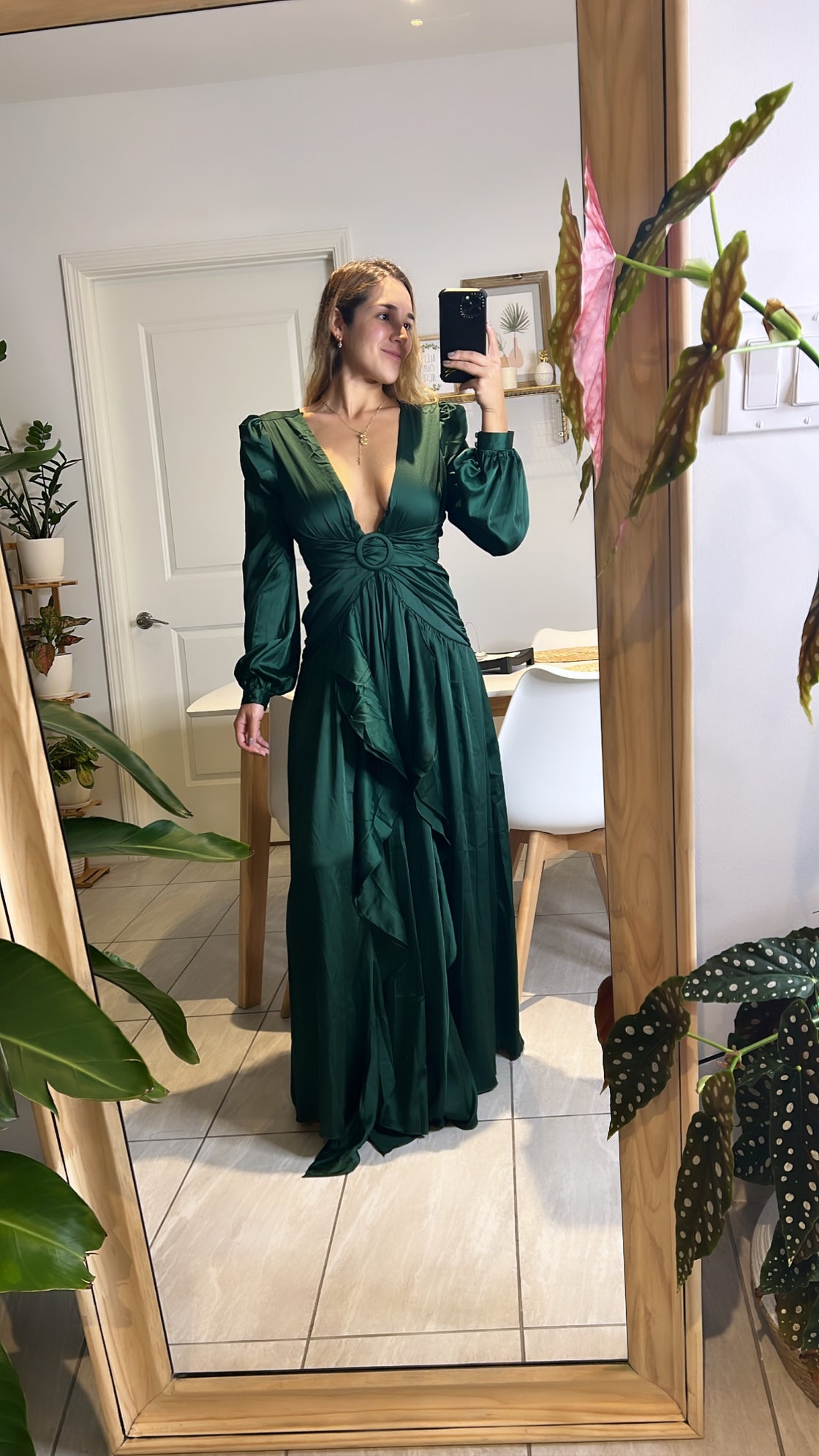 Long green silk dress