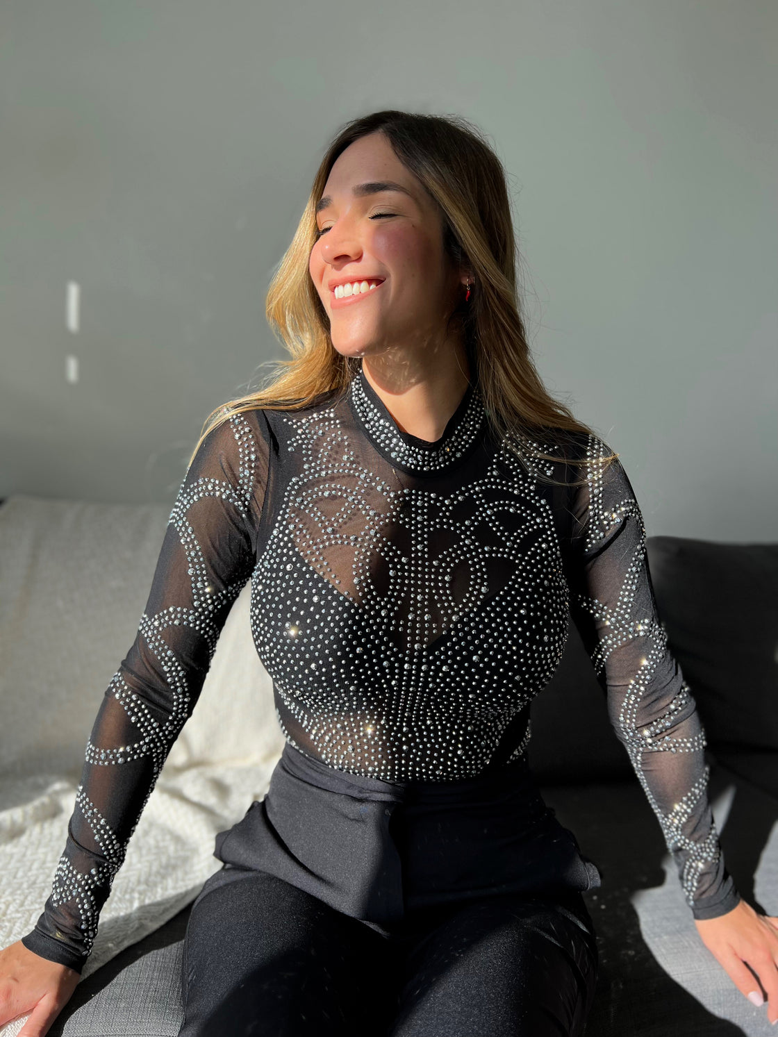 Transparent Black bodysuit White Silver glitter