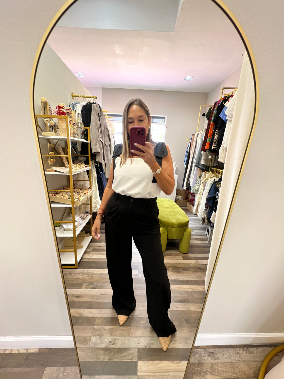 white blouse with black silk bows