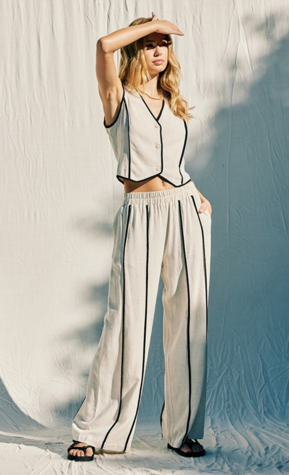 nude linen set with black lines