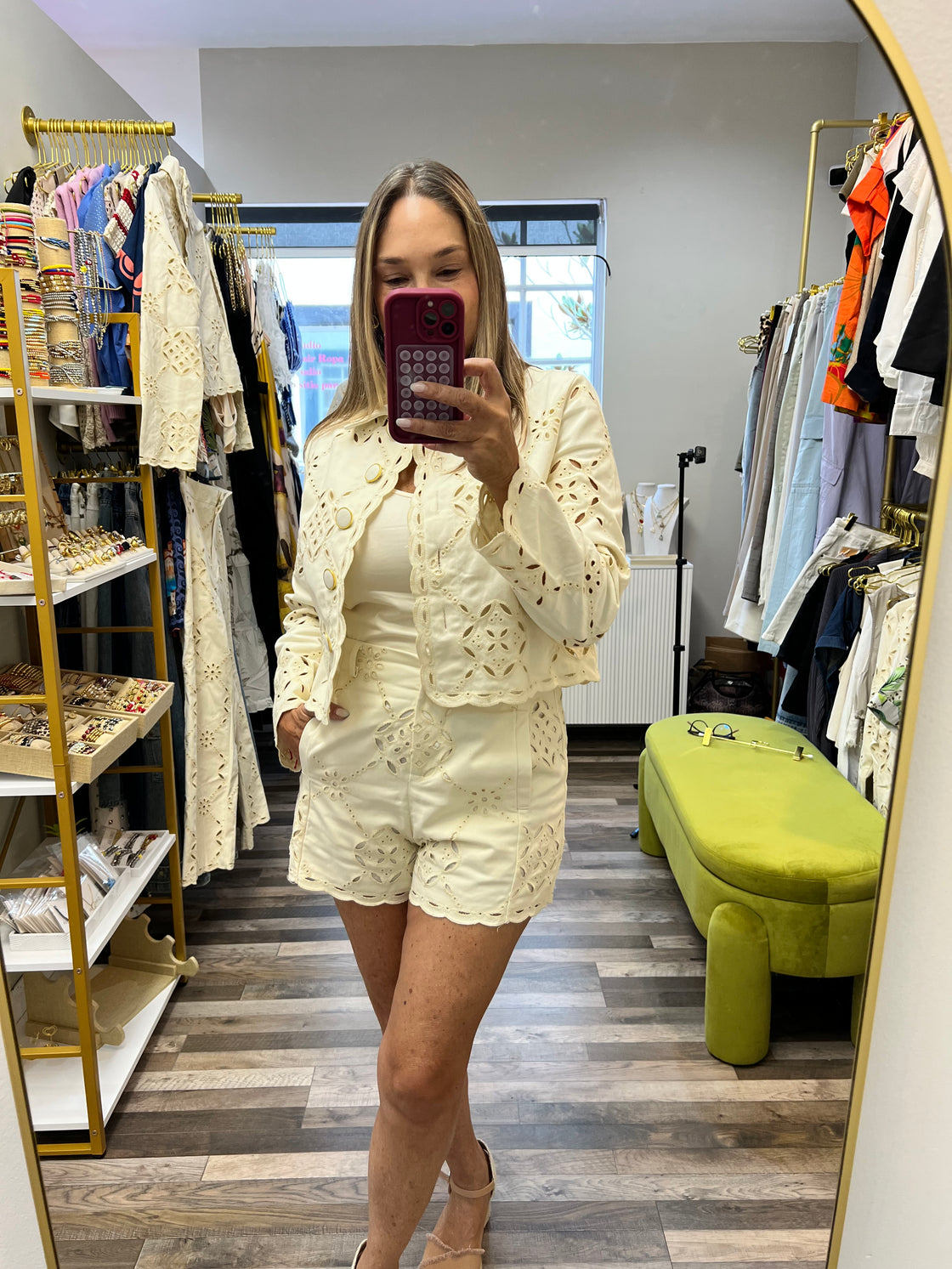 denim short set with embroidery