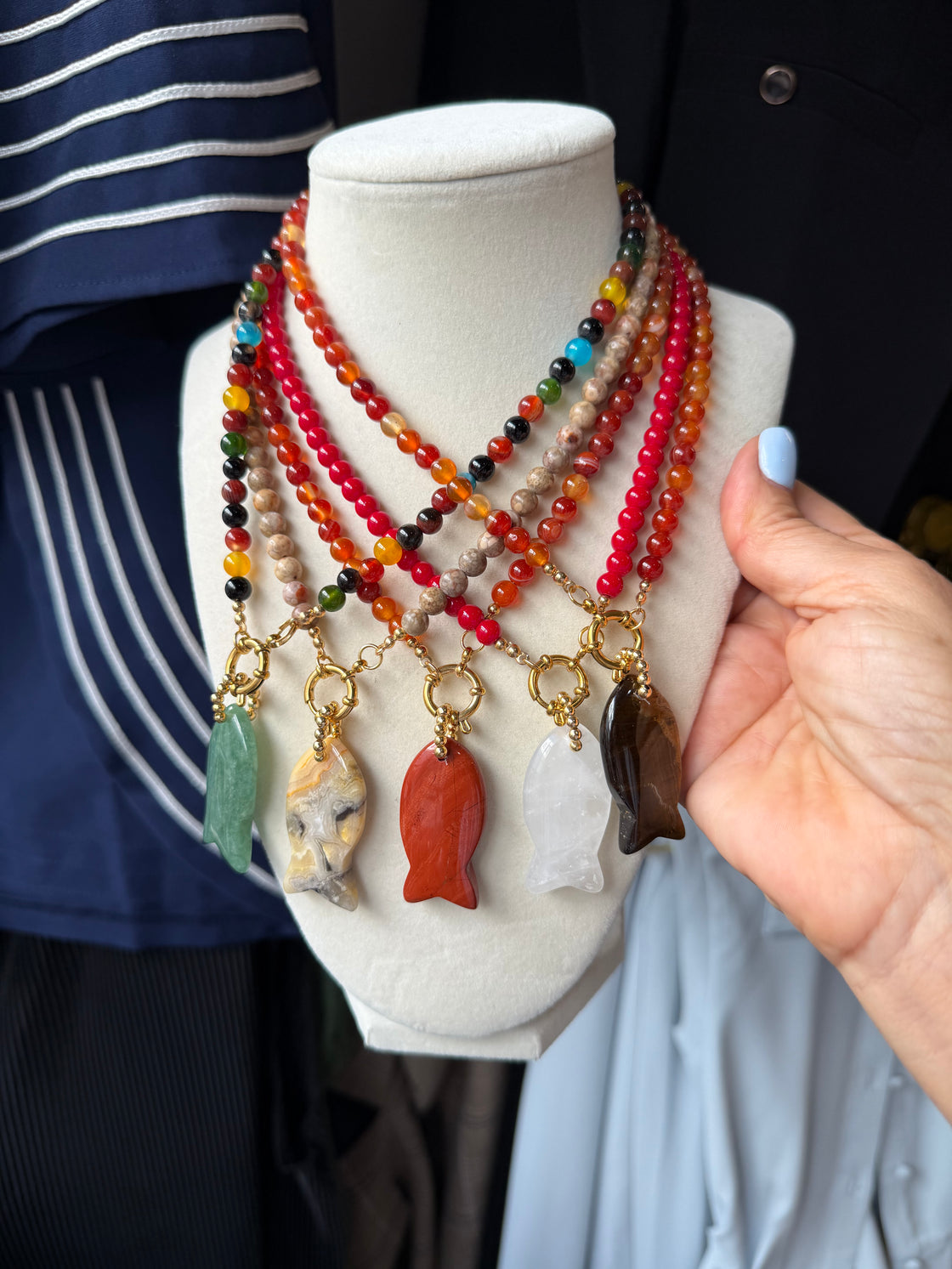 Semiprecious stone necklace with a fish-shaped pendant