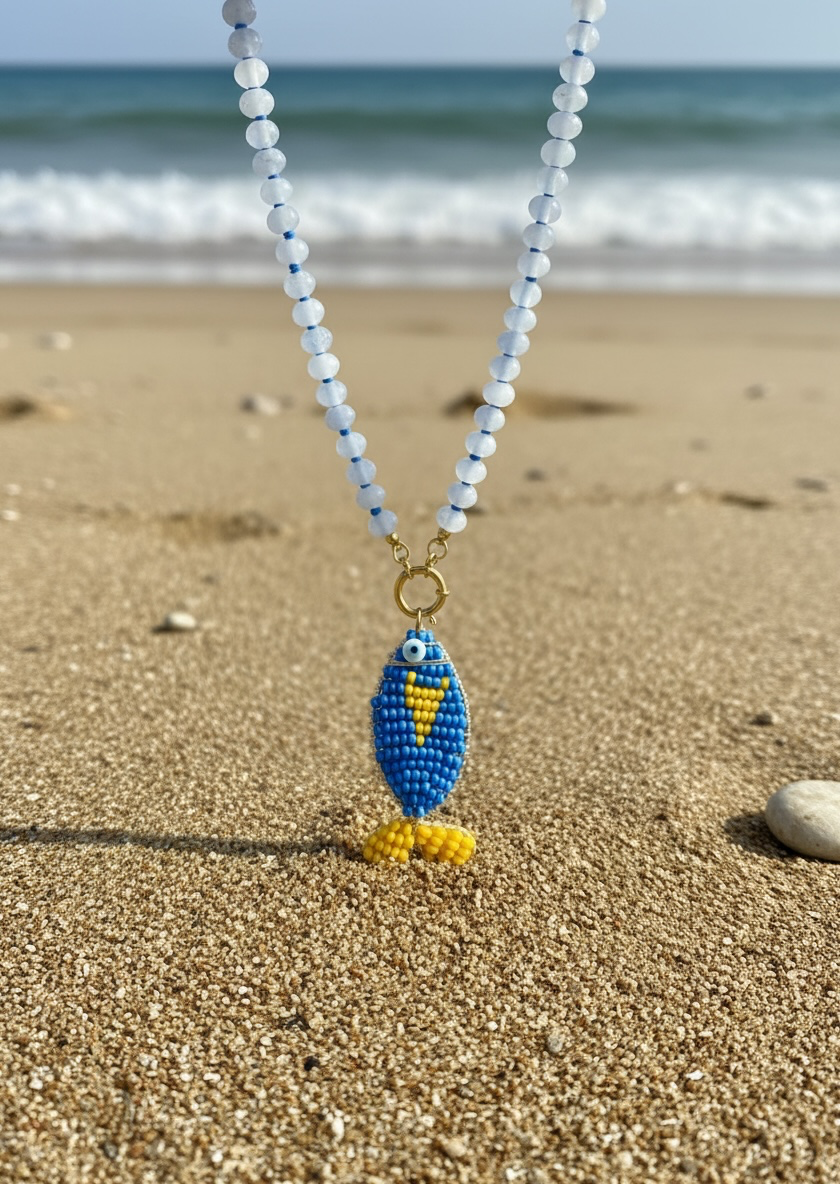 Natural stone necklace with a handmade fish pendant